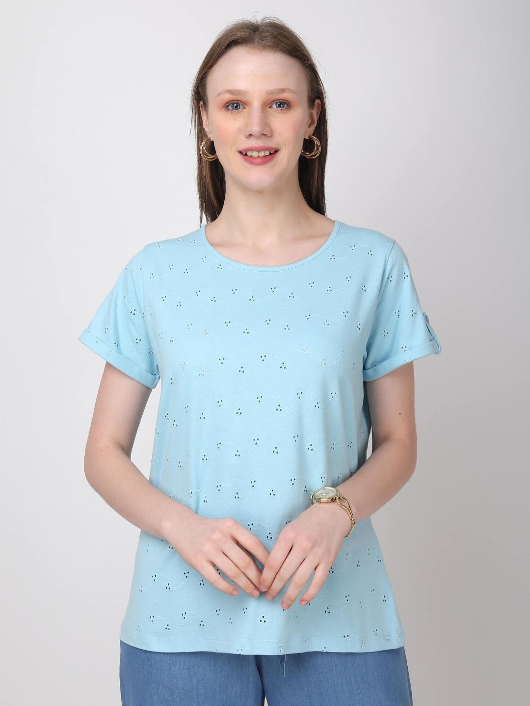 Women Schiffli Tshirt In SkyBlue - Young Fashion
