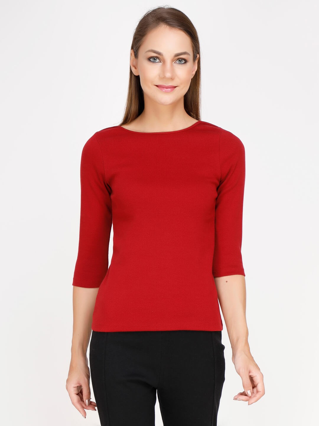 Women Red Ribbed Fitted Top WIth Boat Neck - Young Fashion