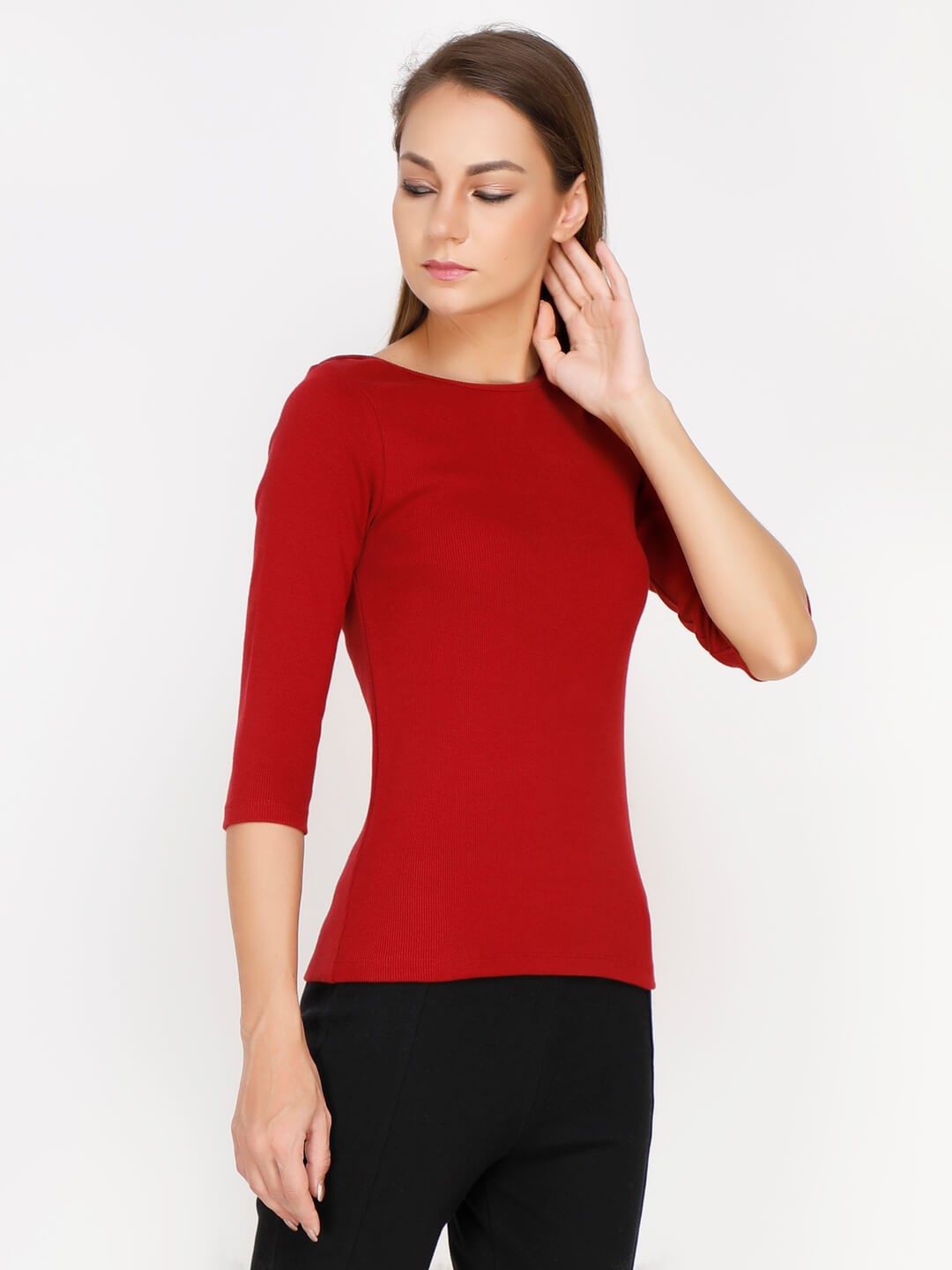 Women Red Ribbed Fitted Top WIth Boat Neck - Young Fashion
