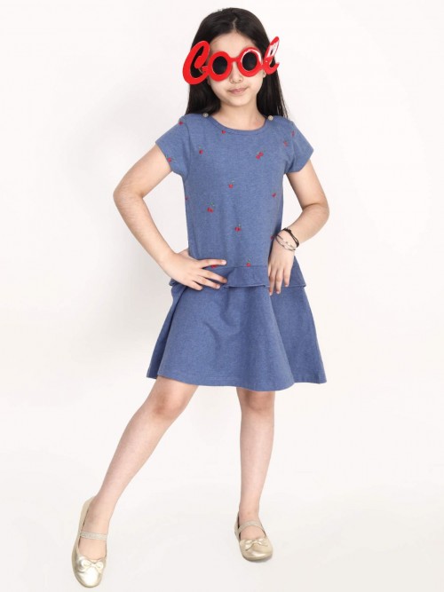 Girl Cherry Printed Dress In Blue