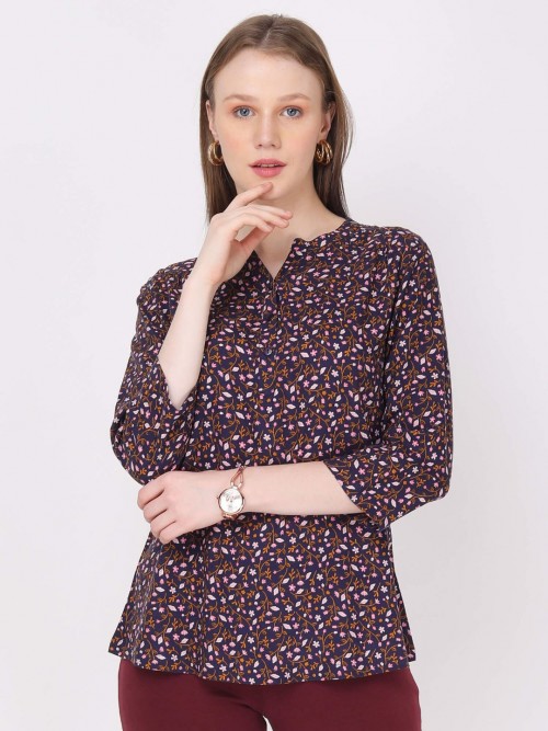 Women Navy Floral Printed Chinese Top