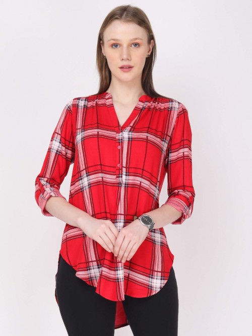 Women Red Checked Long Top