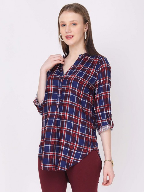 Women Navy Red Checked Long Top