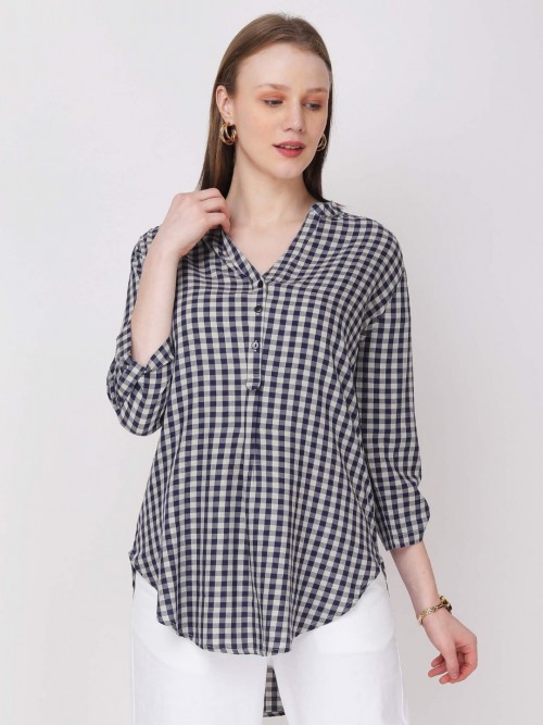 Women Navy White Checked Long Top