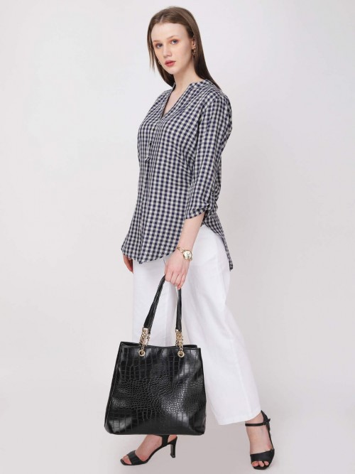 Women Navy White Checked Long Top