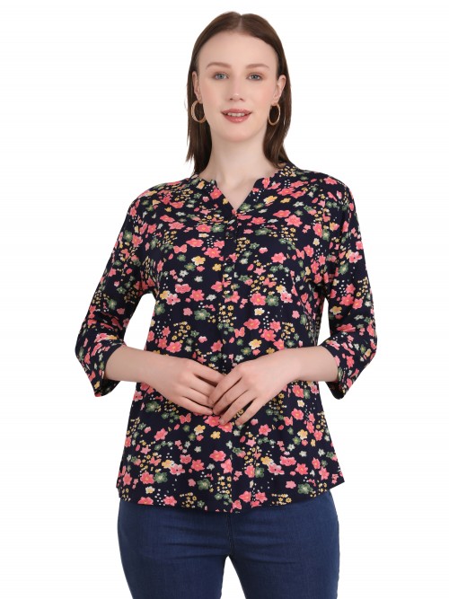 Woman Soft Pink Floral Printed Chinese Top