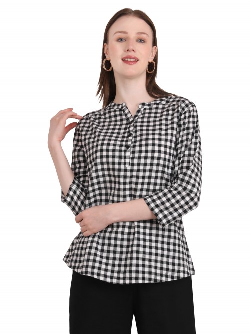 Woman Black Check Yarn Dyed Check Chinese Top